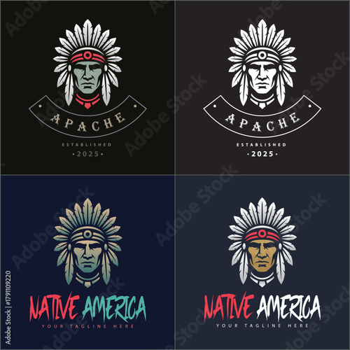 Apache indian aztec native american warrior tribes face head logo set vintage design template