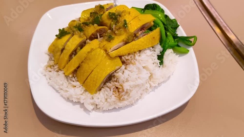 Juicy poached chicken sliced and served atop fluffy white rice with fresh green vegetables, a delicious and satisfying meal ready to be enjoyed by hungry diners