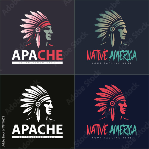 Apache indian aztec native american warrior tribes face head logo set vintage design template