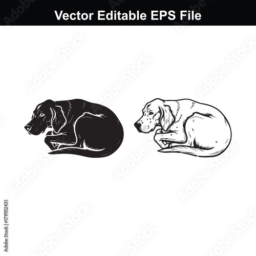 Black and white illustration of a dog sleeping