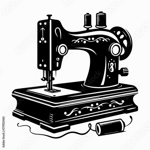 Black and white illustration of a vintage sewing machine on a white insulated background. Vector graphics. EPS.