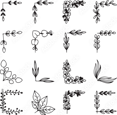 Set of hand drawn botanical corner decorations and borders