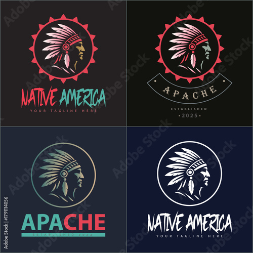 Apache indian aztec native american warrior tribes face head logo set vintage design template