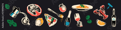 Trendy halftone art collage elements set. Italian food various paper clippings, pizza, pasta and wine stickers with vintage dot texture and doodles. Modern retro grunge mixed media vector illustration