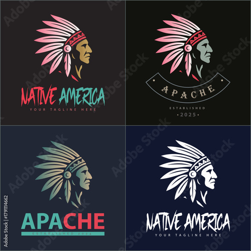 Apache indian aztec native american warrior tribes face head logo set vintage design template