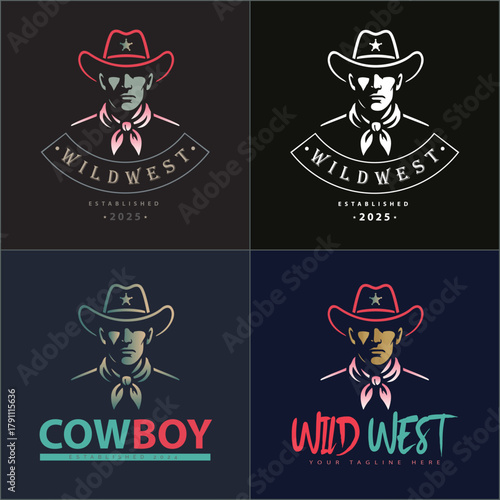 Cowboy american sheriff wild west face head silhouette logo set vintage design template