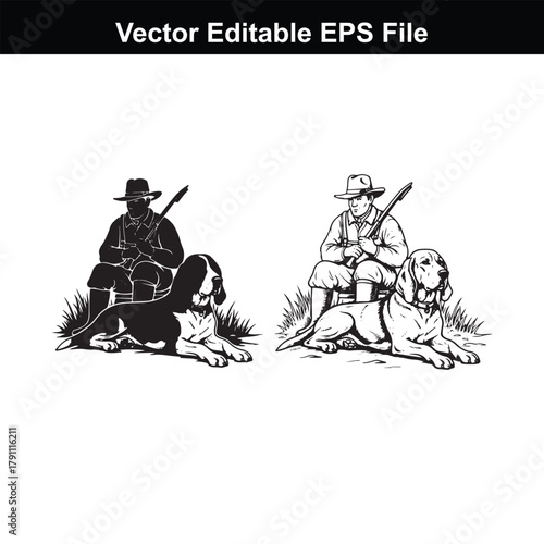 Vintage illustration of a hunter with his dog, presented in both silhouette and line art styles, evoking a sense of tradition and outdoor adventure