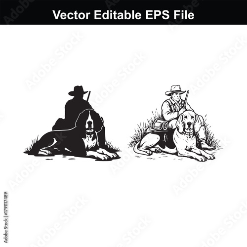 Dual representation of a hunter and dog, one in silhouette and the other in detailed line art, showcasing a timeless connection in nature