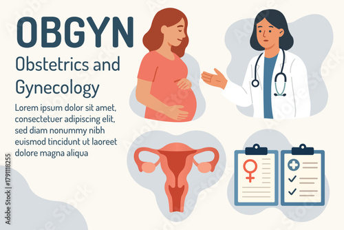 OBGYN obstetrics and gynecology clinic pregnancy patient and doctor poster template flat illustration