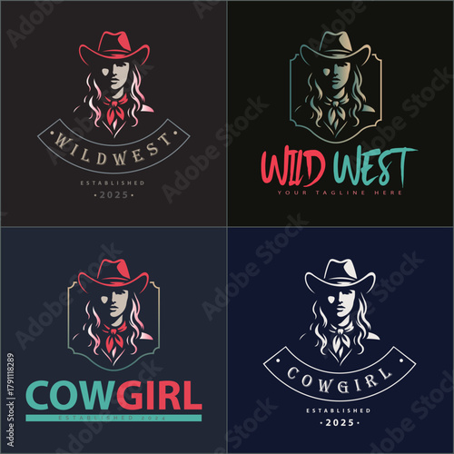 Cowgirl american sheriff wild west beauty face head silhouette logo set vintage design template
