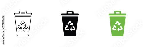 recycling three bin icons flat outline solid green vector design pack