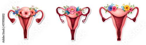 set of Uterus sticker with flower crown, gentle spiral fallopian tubes. isolated on white. feminine health with gentle beauty.