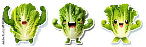 set of Salad sticker flexing leafy arms with veggie power. isolated on white. healthy eating strength. nutrition pride.