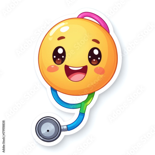 Cartoon stethoscope sticker with smiling face and rainbow tubing, isolated on white. Wellness program promotions