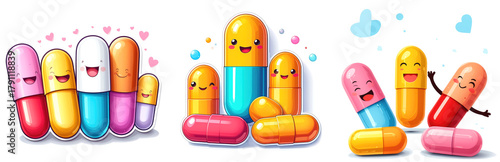 set of Pill sticker family posing for group photo, isolated on white. medication routines fun and approachable for children