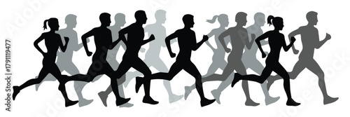 runner layered silhouettes of people running motion and teamwork concept
