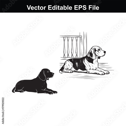 Two dogs lying down, one black and one beagle, on a, vector illustration