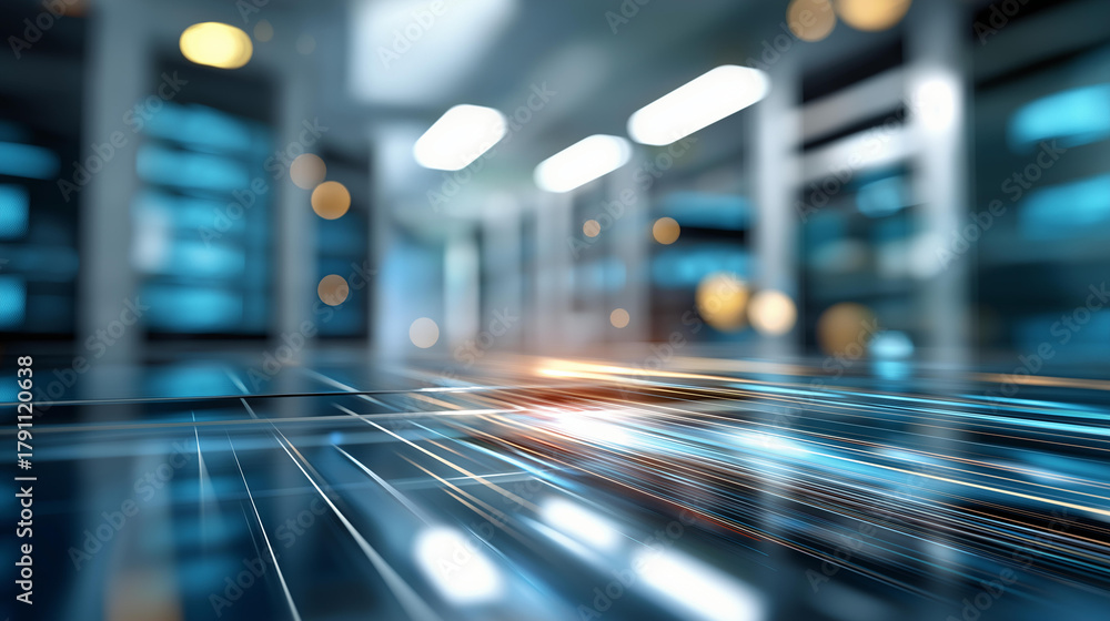 Obraz premium Futuristic AI hub visualization faceless silver and azure server room defocused data center background advanced infrastructure cloud computing facility enterprise technology