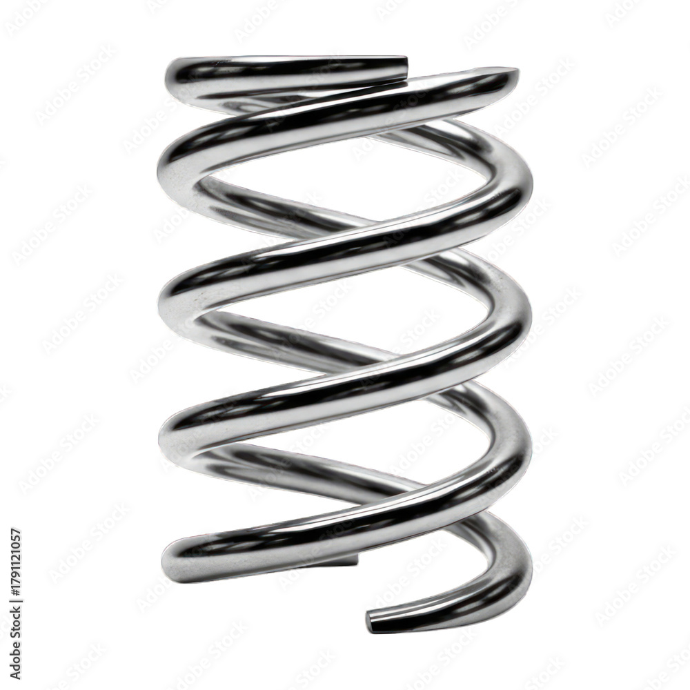 Naklejka premium A shiny chrome metal coil spring with multiple turns, against a stark black background