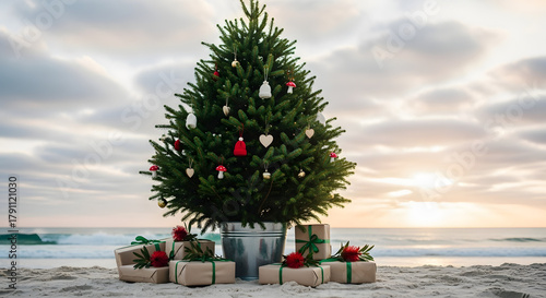 Fototapeta Naklejka Na Ścianę i Meble -  A decorated christmas tree with gifts sits on a sandy beach with the ocean and a cloudy sunset in the background