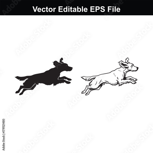 Two dogs running, one black silhouette and one white line drawing
