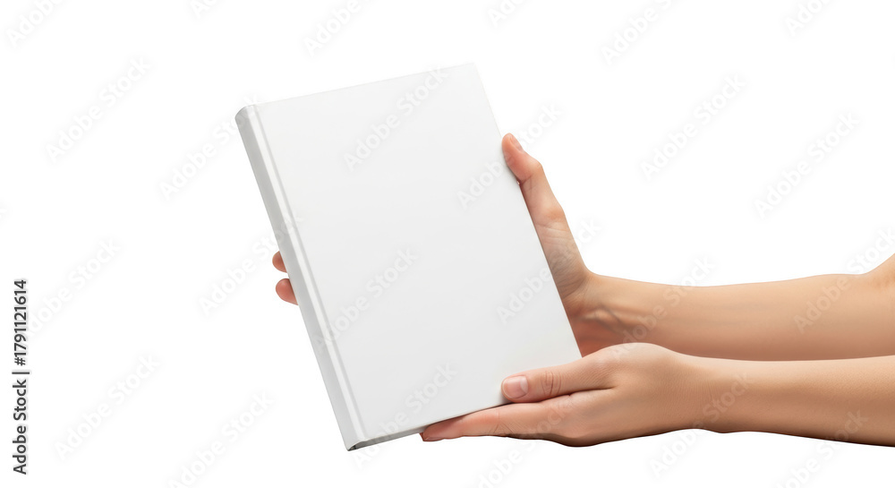 Obraz premium Two hands holding a blank white hardcover book with a clean spine isolated on a transparent background