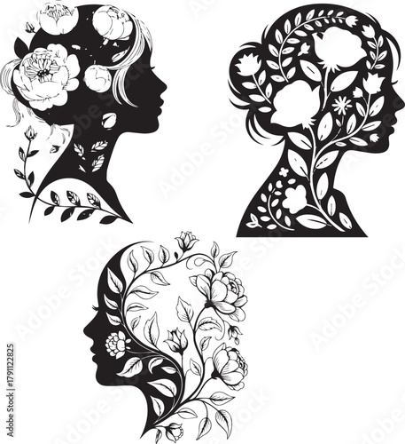 silhouette of a girl with a bouquet, Flower Head Woman Line Drawing. Surreal Minimalist Art. Beauty Salon logotype.