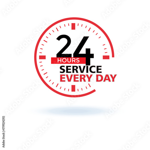 24 Hours Service Every Day Clock Icon – Modern Red and Black Vector Design for Business or Customer Support Branding