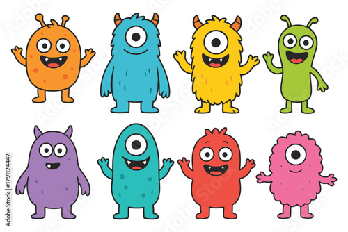 Collection of eight colorful cartoon monsters with one eye and friendly expressions