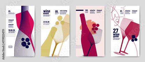 Design templates with wine elements for banners, posters, flyers, and ads. Minimalist style with silhouettes of wine symbols. Vector illustration.
