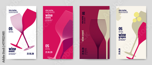 Design templates with wine elements for banners, posters, flyers, and ads. Minimalist style with silhouettes of wine symbols. Vector illustration.