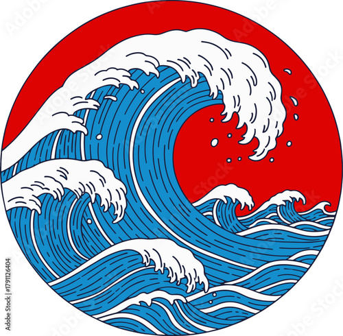 Japanese Wave Art Red Circle Crest, Ocean Waves Illustration