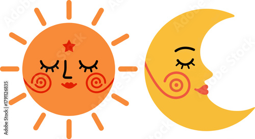 Cute Sun and Moon Illustration, Celestial, Cartoon, Bohemian, Vector Design