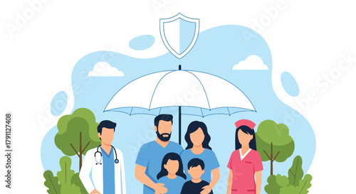 Flat vector illustration of family under umbrella for health insurance protection. Solid bright colors, no gradients, clean background, ideal for healthcare websites and brochures
