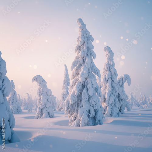 Frost-laden spruce trees sculpted by wind and ice rise from smooth snowdrifts at sunrise in the Arctic forest. Soft pastel light, long blue shadows, and untouched snow create a serene, otherworldly sc