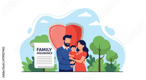 Flat vector of parents and child under heart shield symbolizing life insurance protection. Solid pastel tones, no gradients, ideal for finance blogs, ads, and policy infographics