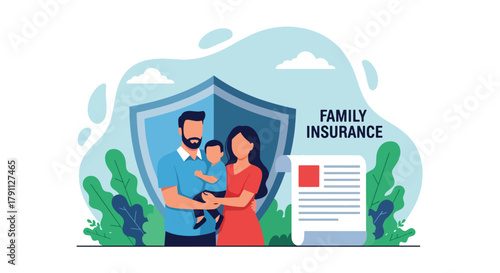 Flat vector of parents and child under heart shield symbolizing life insurance protection. Solid pastel tones, no gradients, ideal for finance blogs, ads, and policy infographics