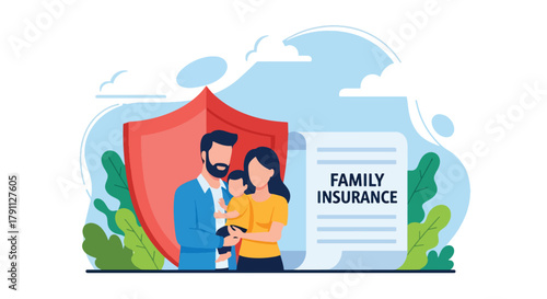 Flat vector of parents and child under heart shield symbolizing life insurance protection. Solid pastel tones, no gradients, ideal for finance blogs, ads, and policy infographics