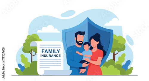 Flat vector of parents and child under heart shield symbolizing life insurance protection. Solid pastel tones, no gradients, ideal for finance blogs, ads, and policy infographics