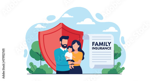 Flat vector of parents and child under heart shield symbolizing life insurance protection. Solid pastel tones, no gradients, ideal for finance blogs, ads, and policy infographics