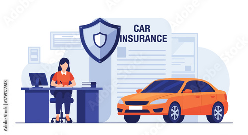 Flat vector of driver signing car insurance near protected vehicle and shield. Solid blue tones, no gradients, ideal for auto insurance websites and digital advertising use