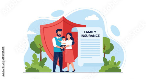 Flat vector of parents and child under heart shield symbolizing life insurance protection. Solid pastel tones, no gradients, ideal for finance blogs, ads, and policy infographics