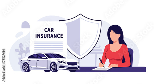 Flat vector of driver signing car insurance near protected vehicle and shield. Solid blue tones, no gradients, ideal for auto insurance websites and digital advertising use