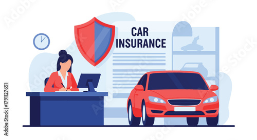 Flat vector of driver signing car insurance near protected vehicle and shield. Solid blue tones, no gradients, ideal for auto insurance websites and digital advertising use