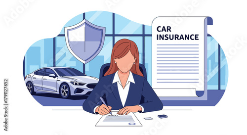 Flat vector of driver signing car insurance near protected vehicle and shield. Solid blue tones, no gradients, ideal for auto insurance websites and digital advertising use
