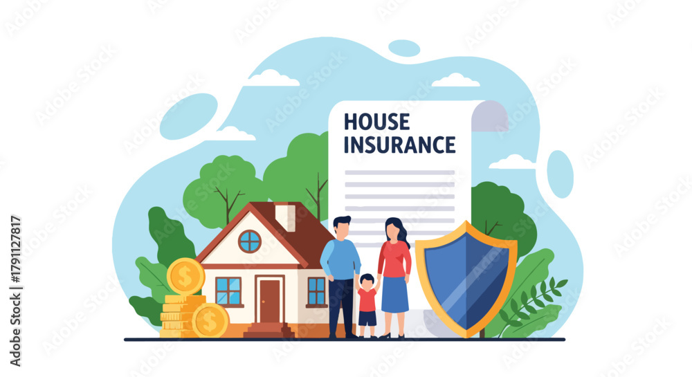 Naklejka premium Flat vector scene of family and house for home insurance protection. ideal for property, banking, and housing service promotions