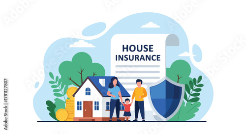 Flat vector scene of family and house for home insurance protection. ideal for property, banking, and housing service promotions