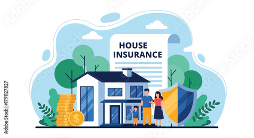 Flat vector scene of family and house for home insurance protection. ideal for property, banking, and housing service promotions