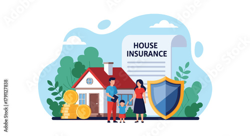 Flat vector scene of family and house for home insurance protection. ideal for property, banking, and housing service promotions