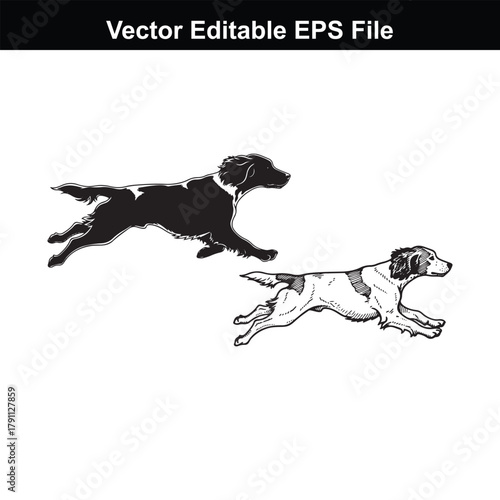Black and white illustration of a medium sized dog running with a long tail